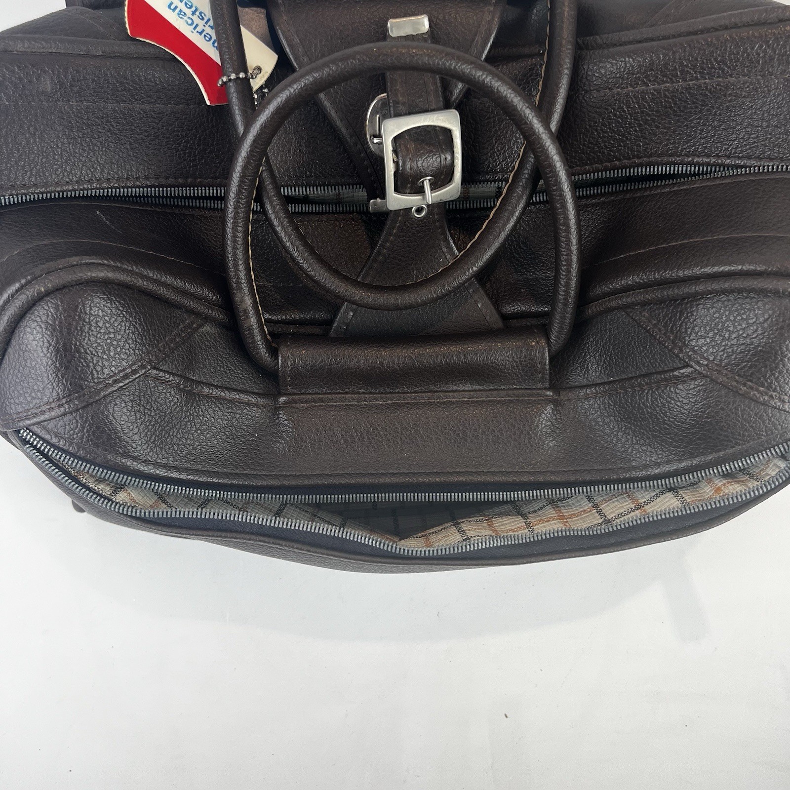 VTG 1970’s American Tourister Brown Leather Tiara Weekender with Plaid Interior