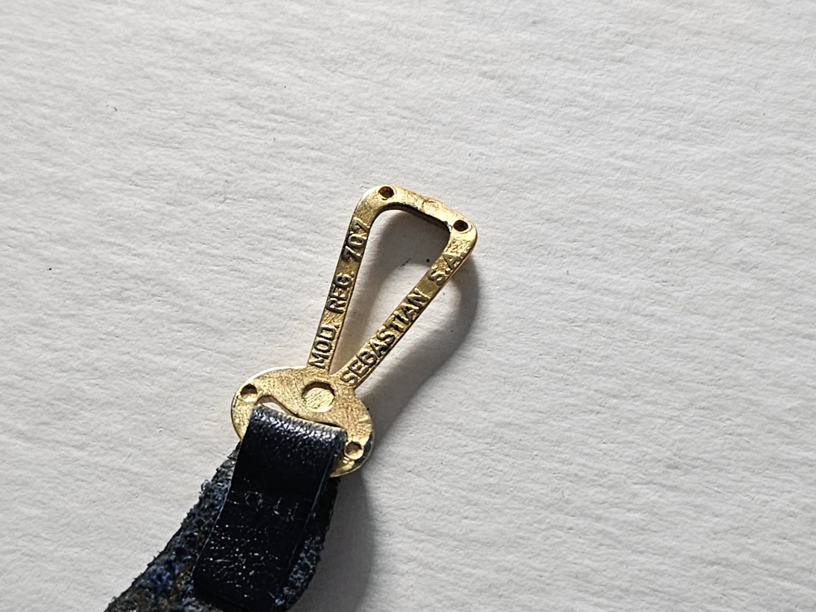 Vintage Sebastian SA MOD. REG. 707 Gold-Tone Luggage Tag on Black Leather Strap