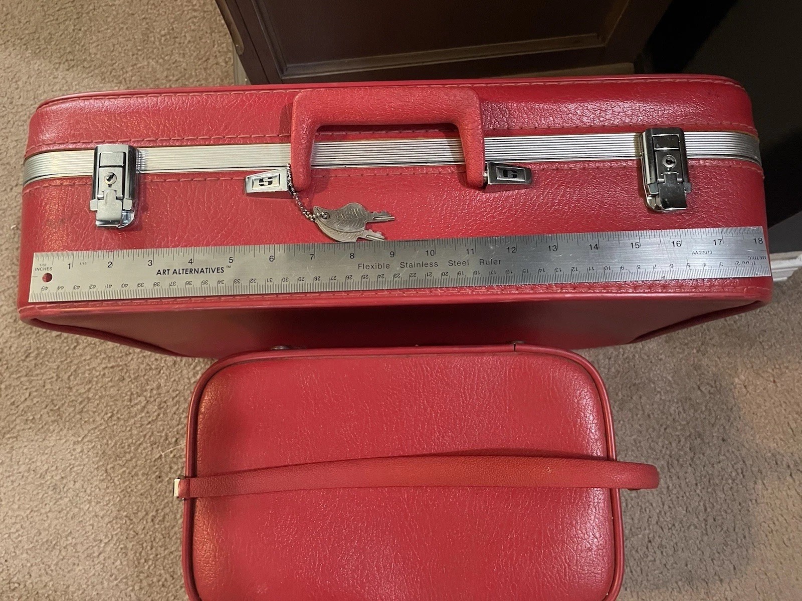 Vintage Featherlite Red Luggage Set Suitcase Train Case w Keys Retro