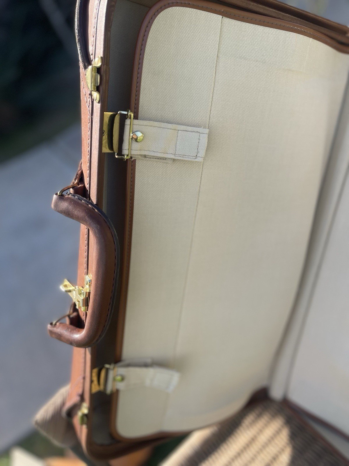 Vintage Brown Belting Leather Suitcase, 21 Inch With Cross And 13 Inch Tall