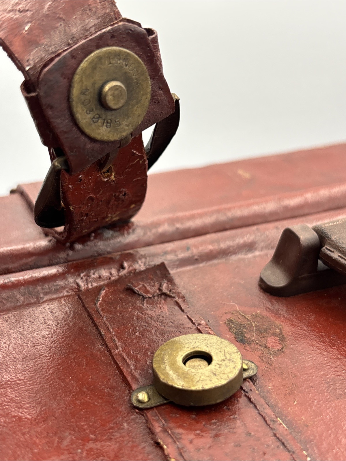 Vintage Leather Train Case Small Trunk Brass Corners Vanity Travel Box Red