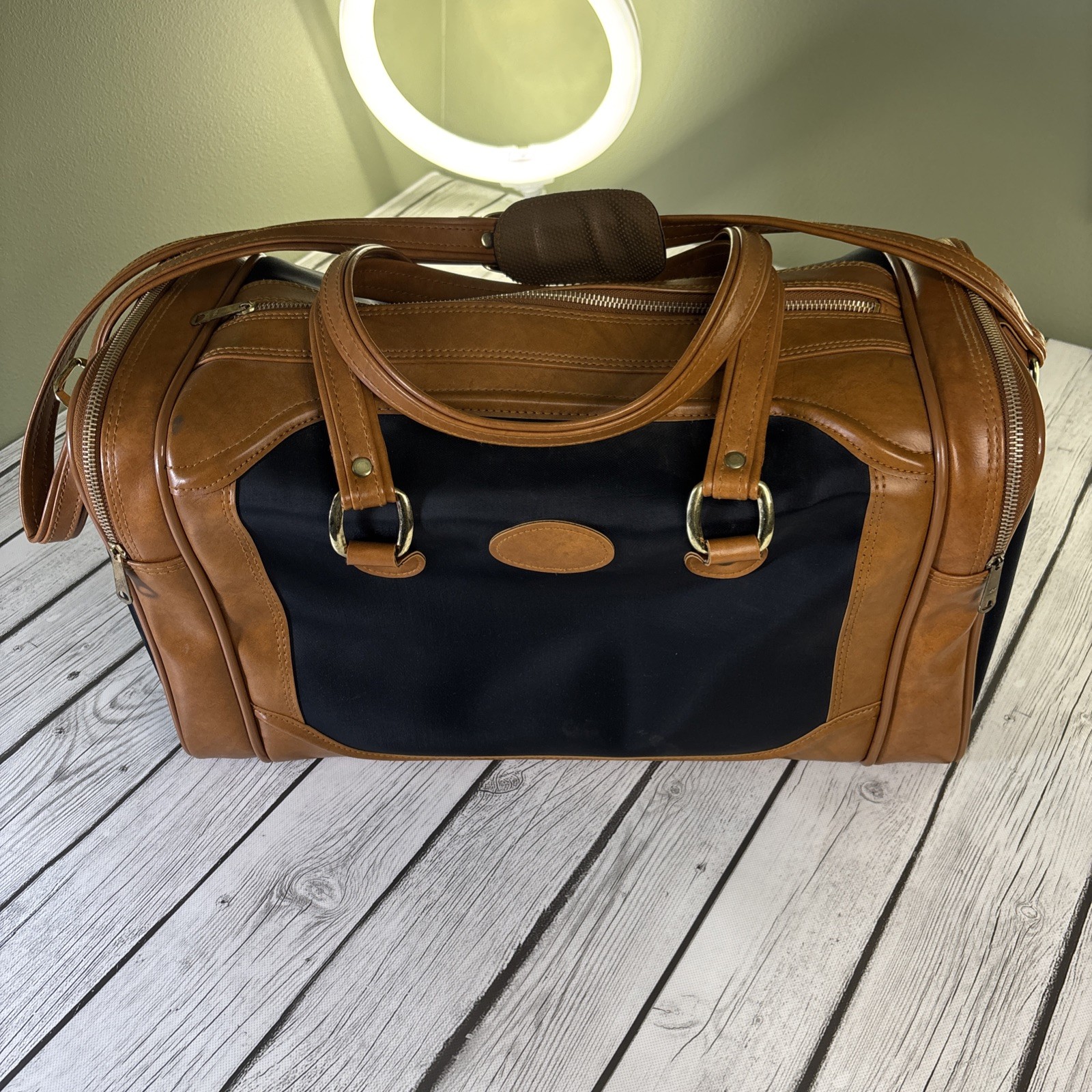 Vintage Canvas/Leather Travel Bag Luggage YKK Tan/Blue Pre-Owned.