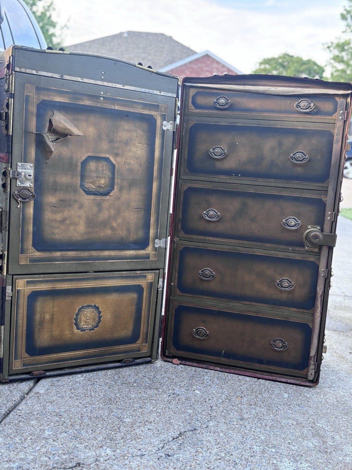 True Vintage 1920s Hard Leather Wardrobe Trunk w/ Drawers, Hangers Brown
