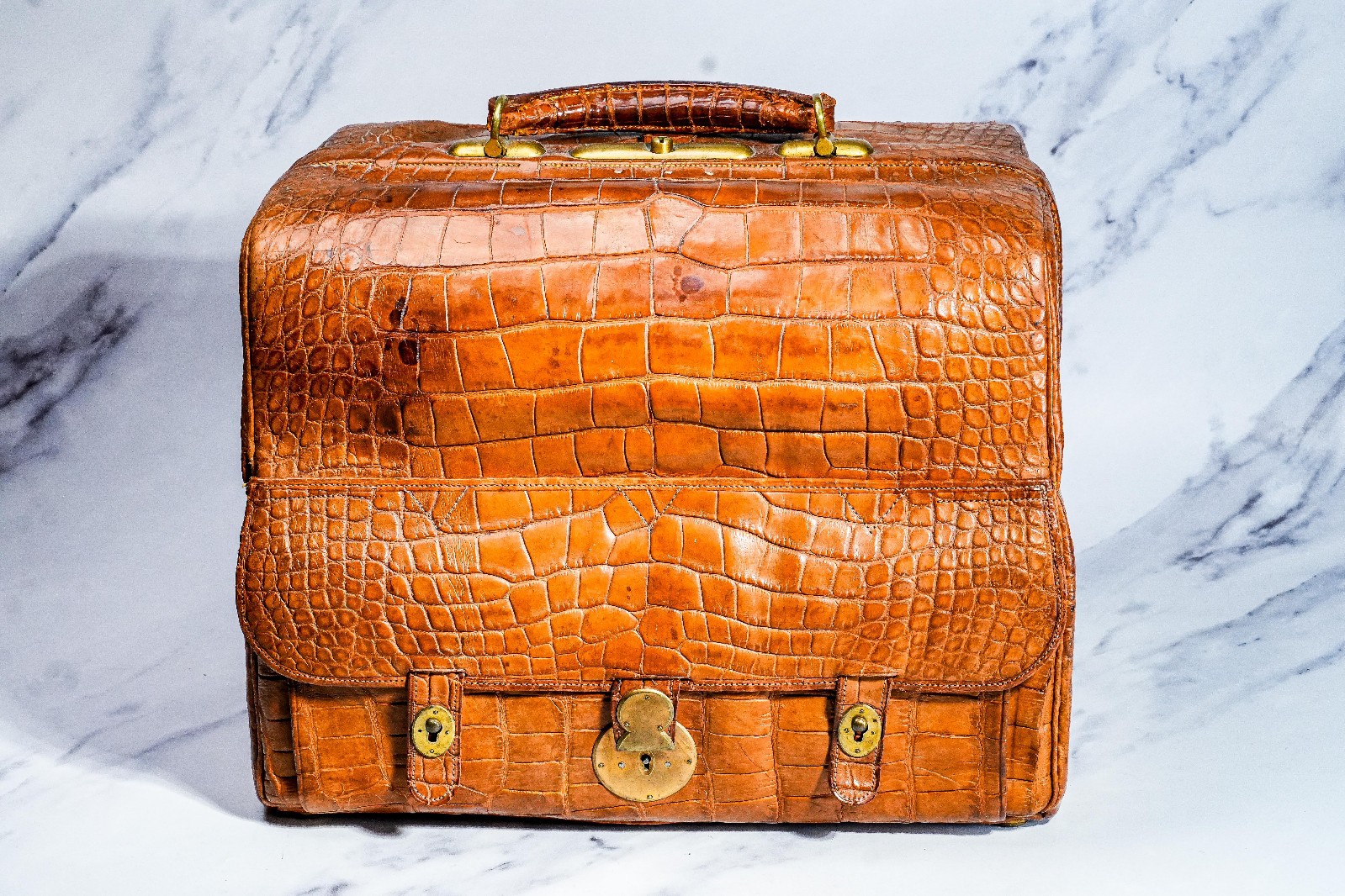 Edwardian Antique Crocodile Leather Gladstone Bag Travel Suitcase