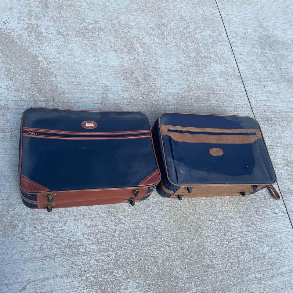 2 Cute Vintage Large Luggage Suitcases Rolling On Wheels Navy Blue Brown Jaguar