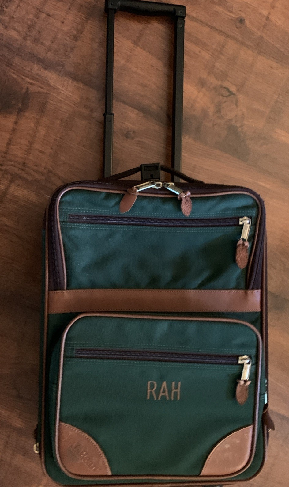 Vintage 80’s LL Bean Rolling Suitcase Luggage Green Leather Trim 12″W 18”H 8”D