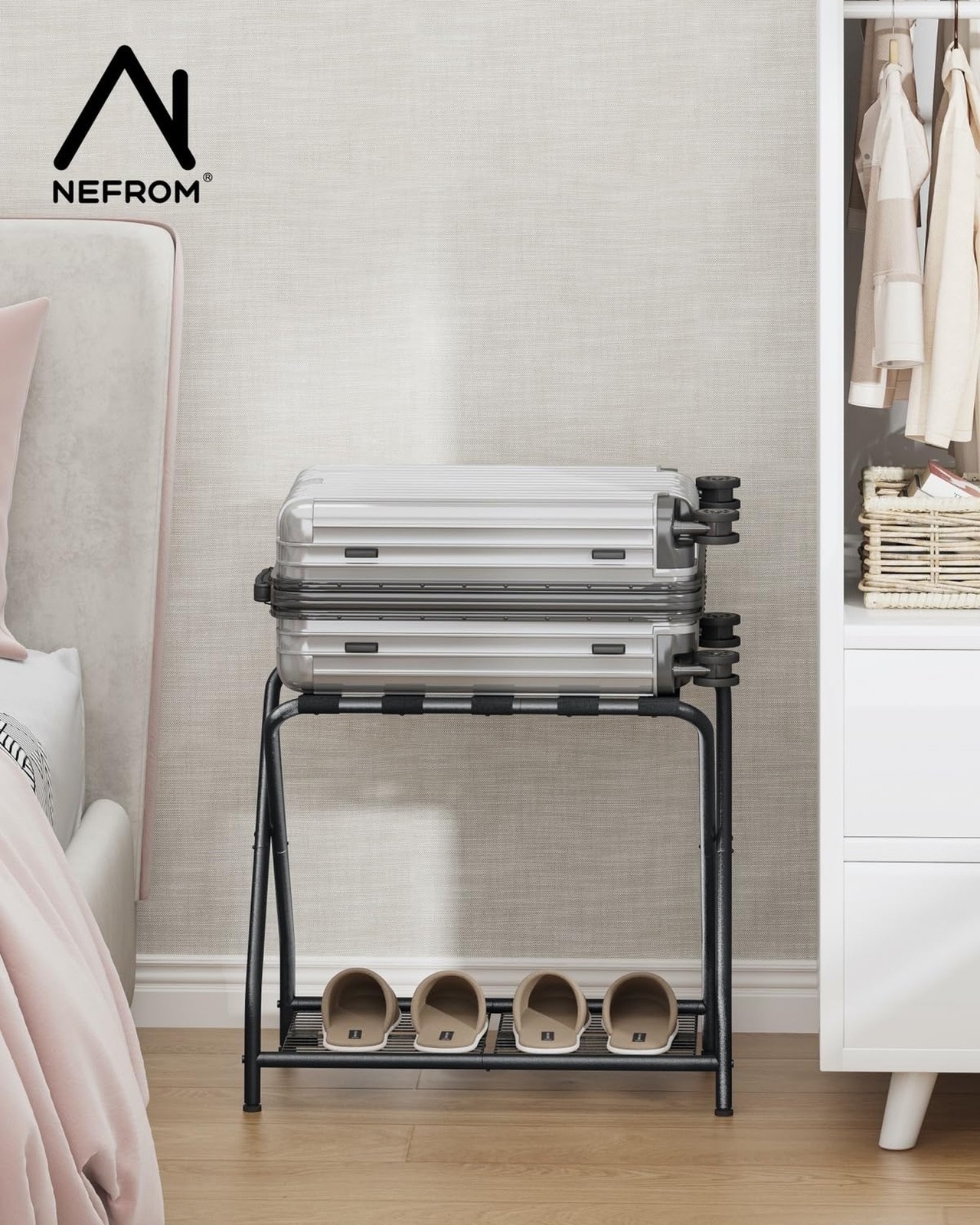 1-Piece Foldable Black Luggage Rack Stand with Storage Shelf – Heavy Duty Met…