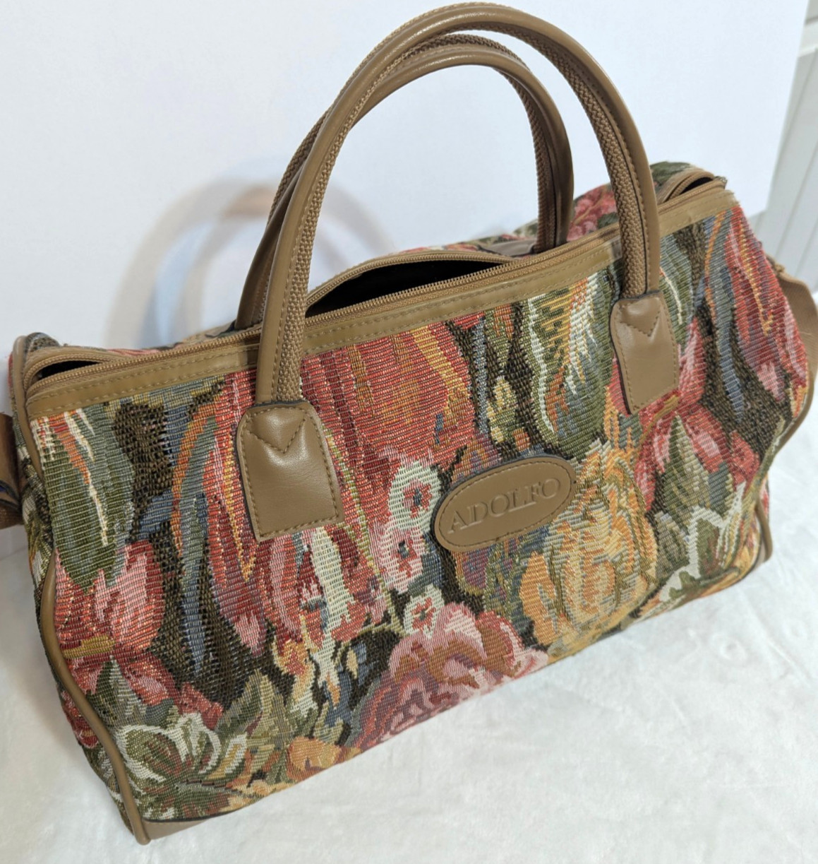 Vintage Adolfo Floral Tapestry Travel Bag Weekender Duffel Boho Luggage Carry On
