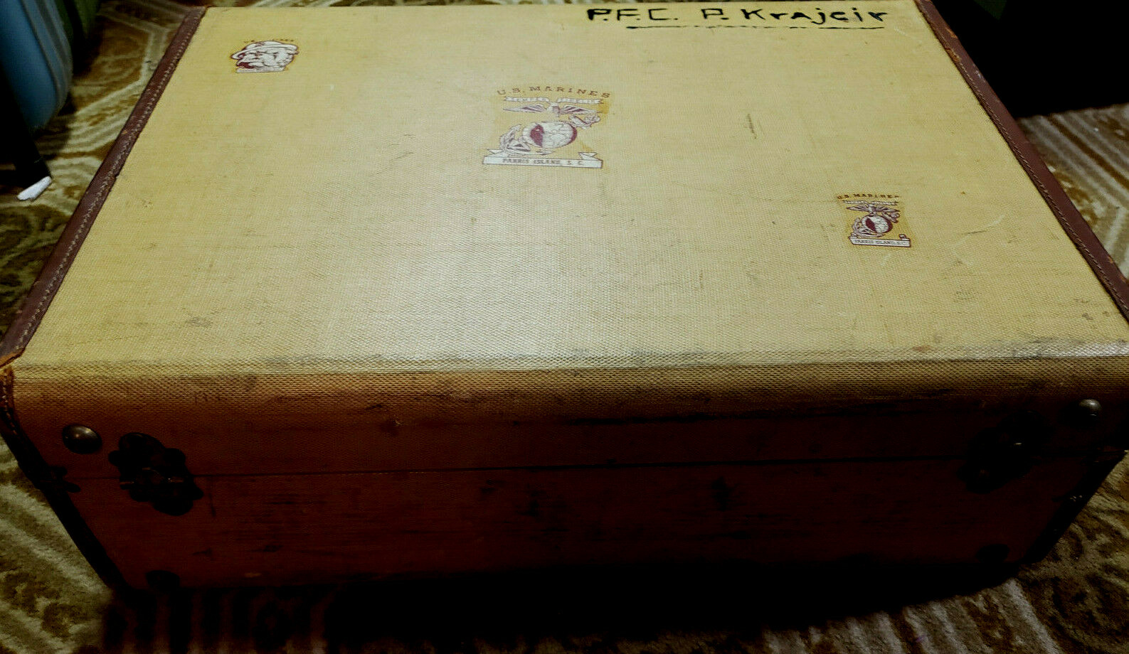 WWII Hard Side Suitcase Parris Island SC US MARINES Stickers Vintage KRAJCIR