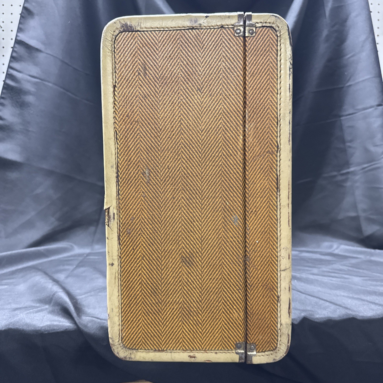 Brown/Yellow Tweed & Light Leather 40-50s Atlas Suitcase Luggage 29x16x9”