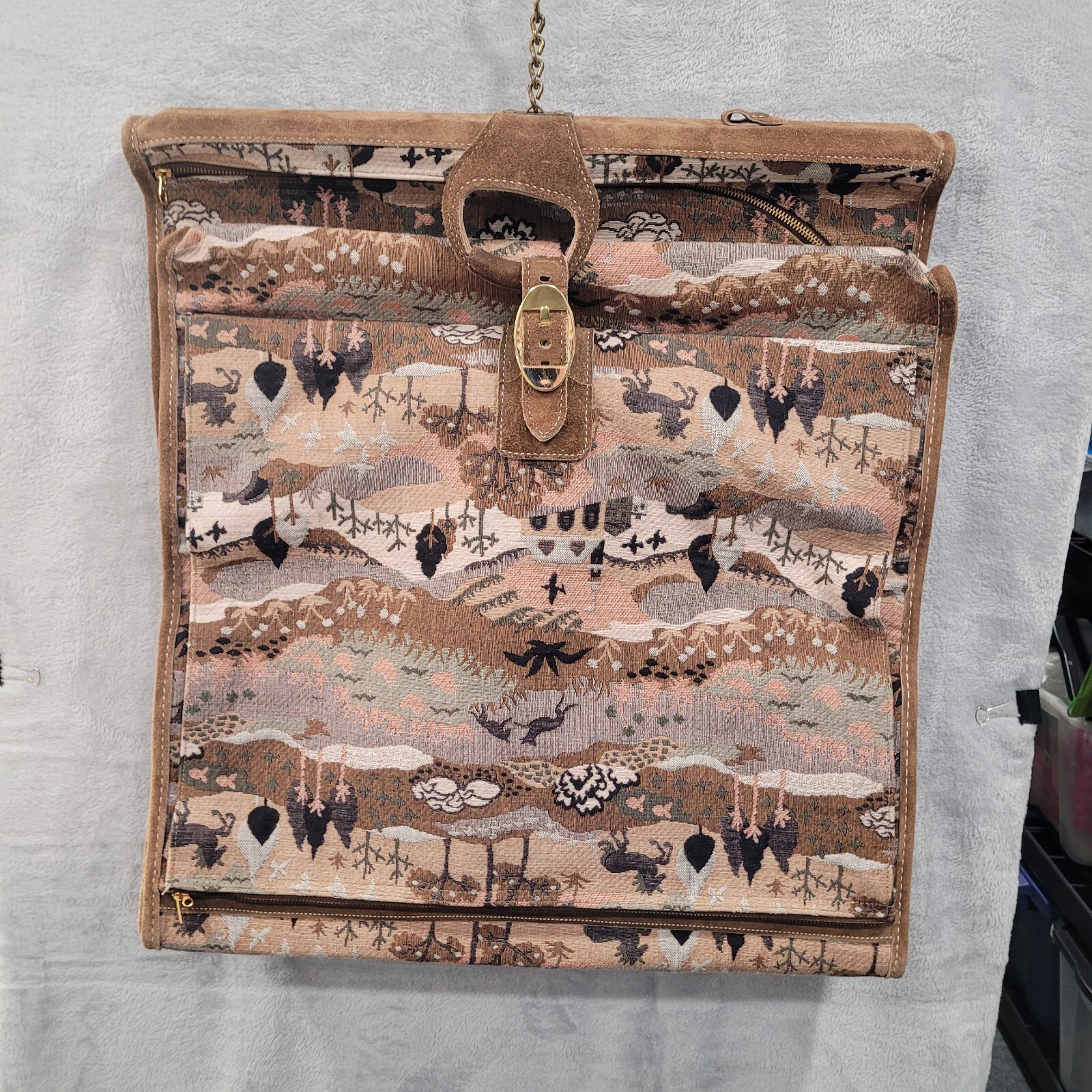 Vintage Garment Bag Embroidered Tapestry Woodsland Animals Scenes