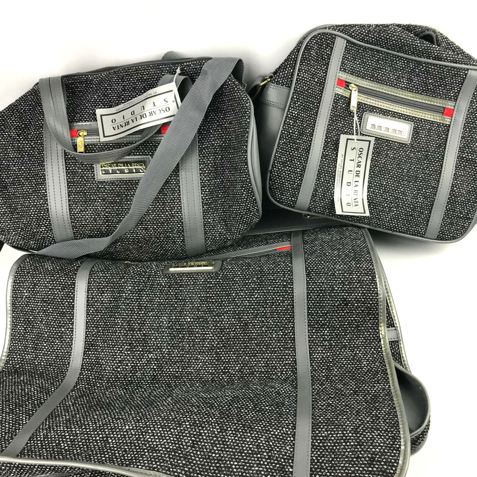 X3 VTG NWT OSCAR DE LA RENTA Tweed Luggage Travel Bag Gray Duffle Garment