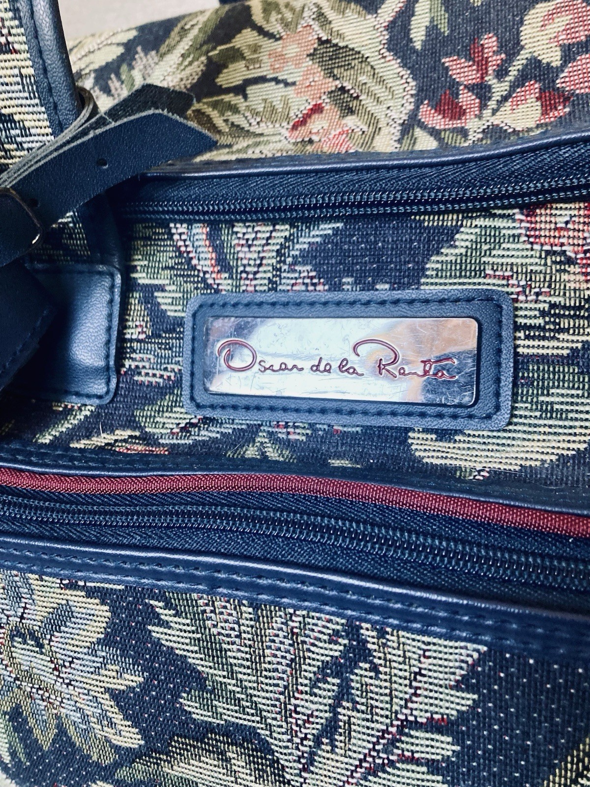 Oscar de la Renta Vintage Floral Tapestry Travel Bag Navy