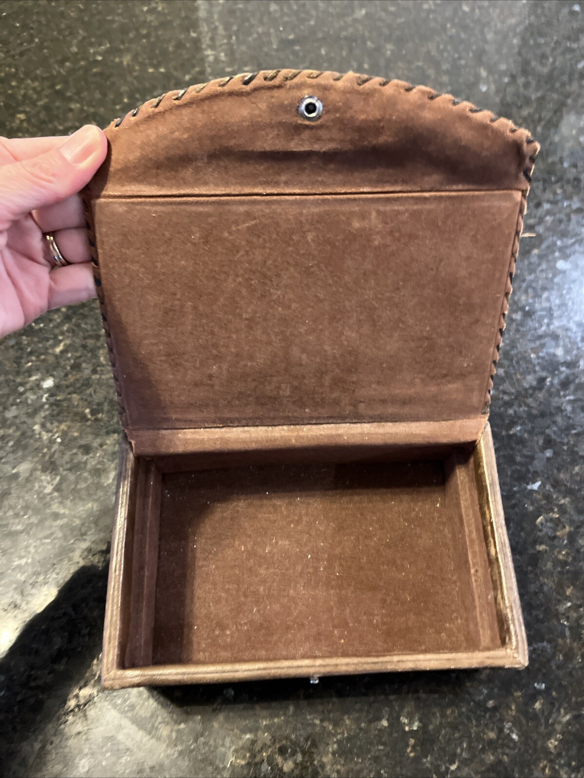 Artmex Vintage Brown Leather Aztec Jewelry Box with snap 8″ long x 5″ wide x 3″