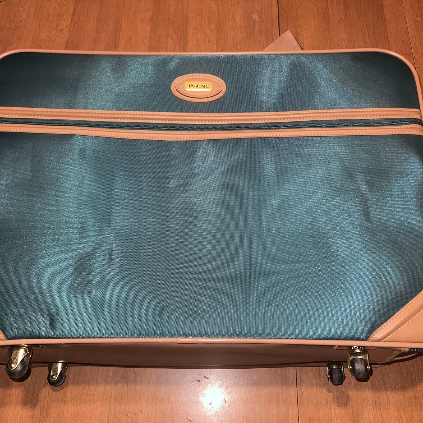 Vintage Jaguar Green With Brown Trim Suitcase 27 X 20 X 8 With Tag And Strap