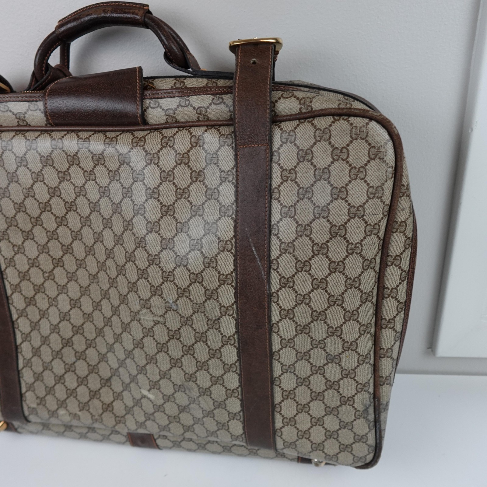 Vintage Gucci GG Canvas Garment Bag Luggage Brown Leather Made in Italy