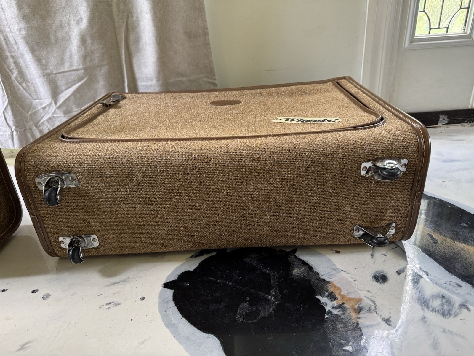 Vintage 1970s Skyway Tweed Luggage Set Brown Textured With Leather Like Trim Key