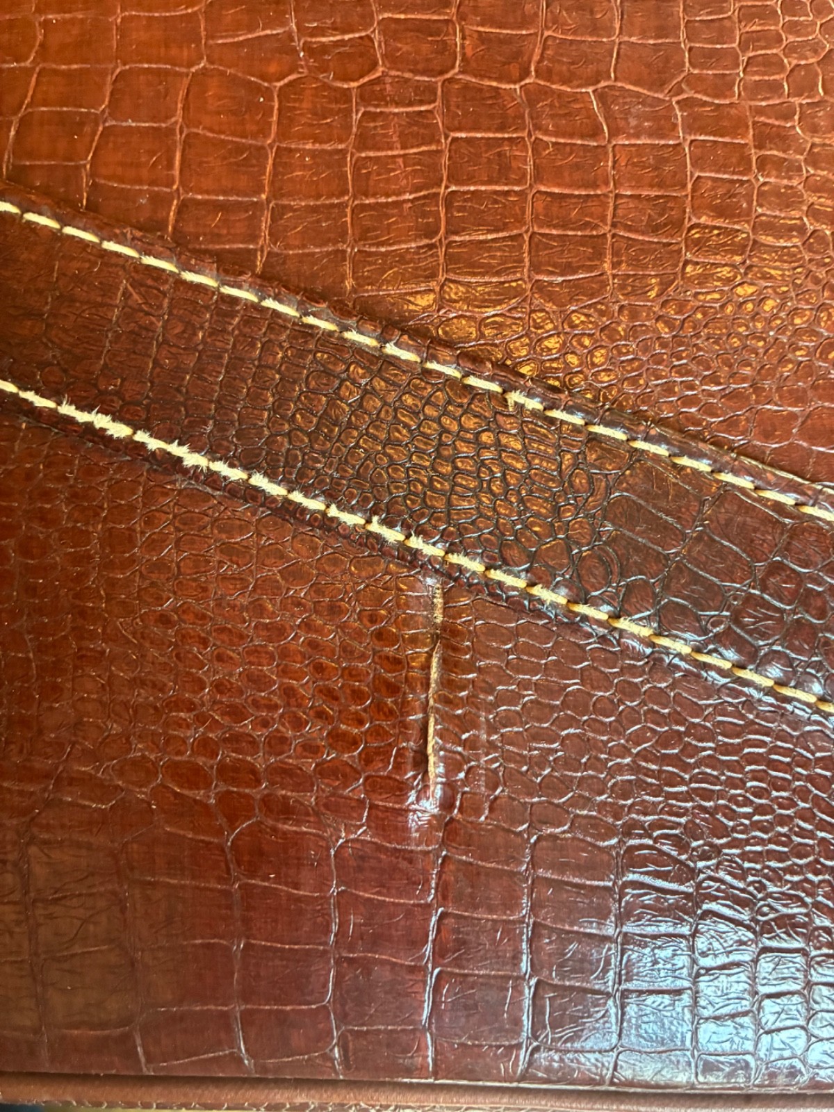 Vintage brown leather suitcase from Olympic Luggage Corporation-blue gingham int