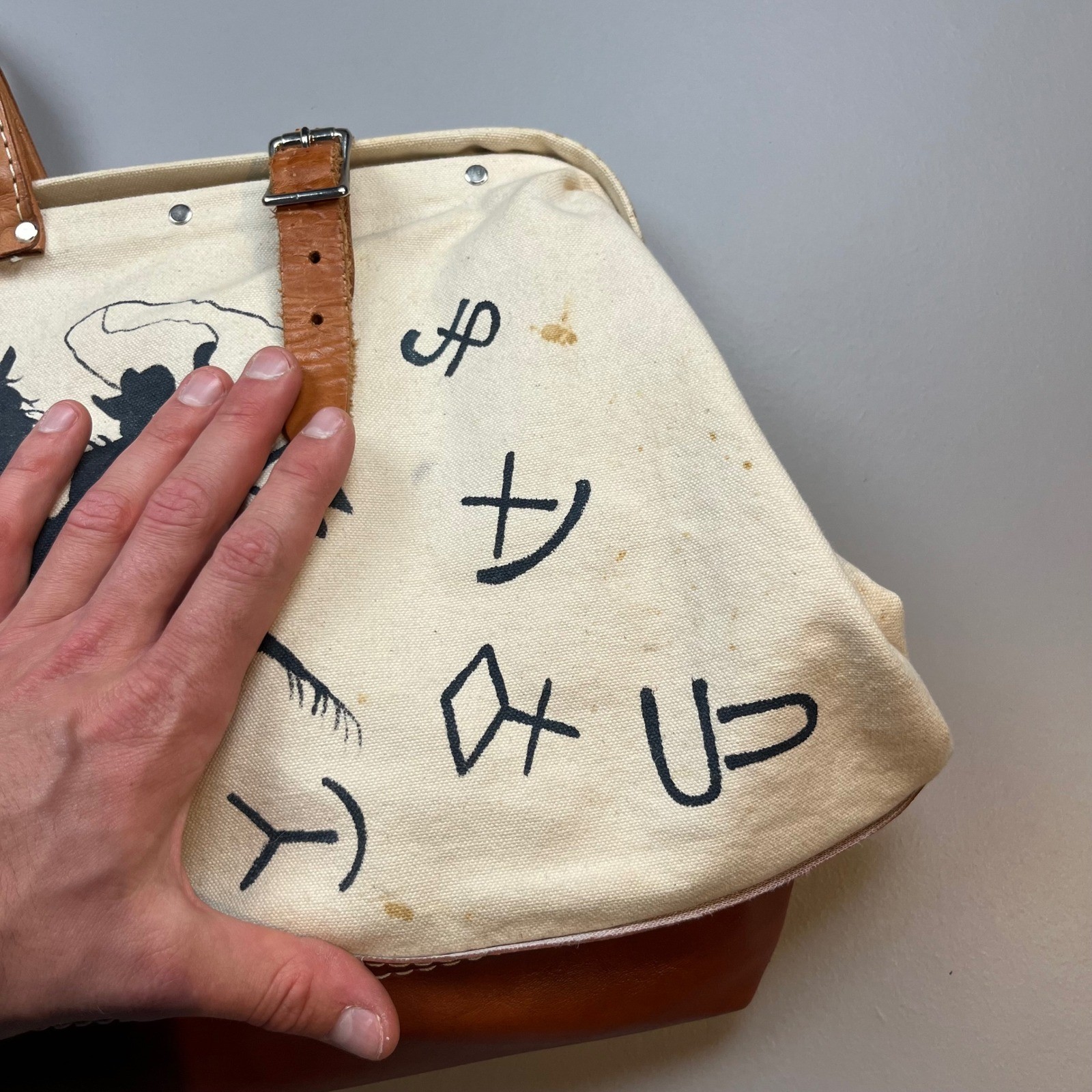 Vintage Canvas Duffel Bag Unisex Large Cream Western Cowboy Hand Painted 1993