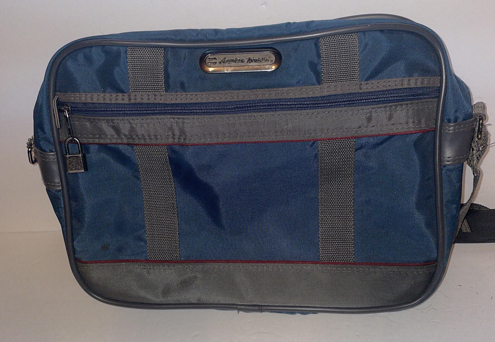 American Tourister Blue Canvas Carry On Bag Shoulder Strap Luggage Tag Footed