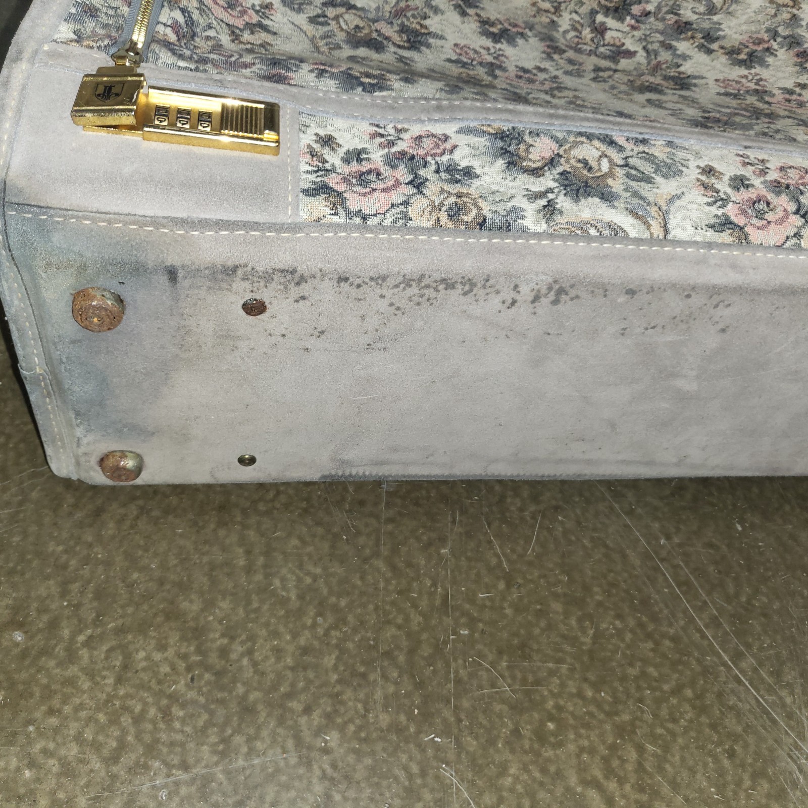 Two Vintage French Luggage Co Gray Floral Rose Tapestry & Suede Suitcases 23&28″