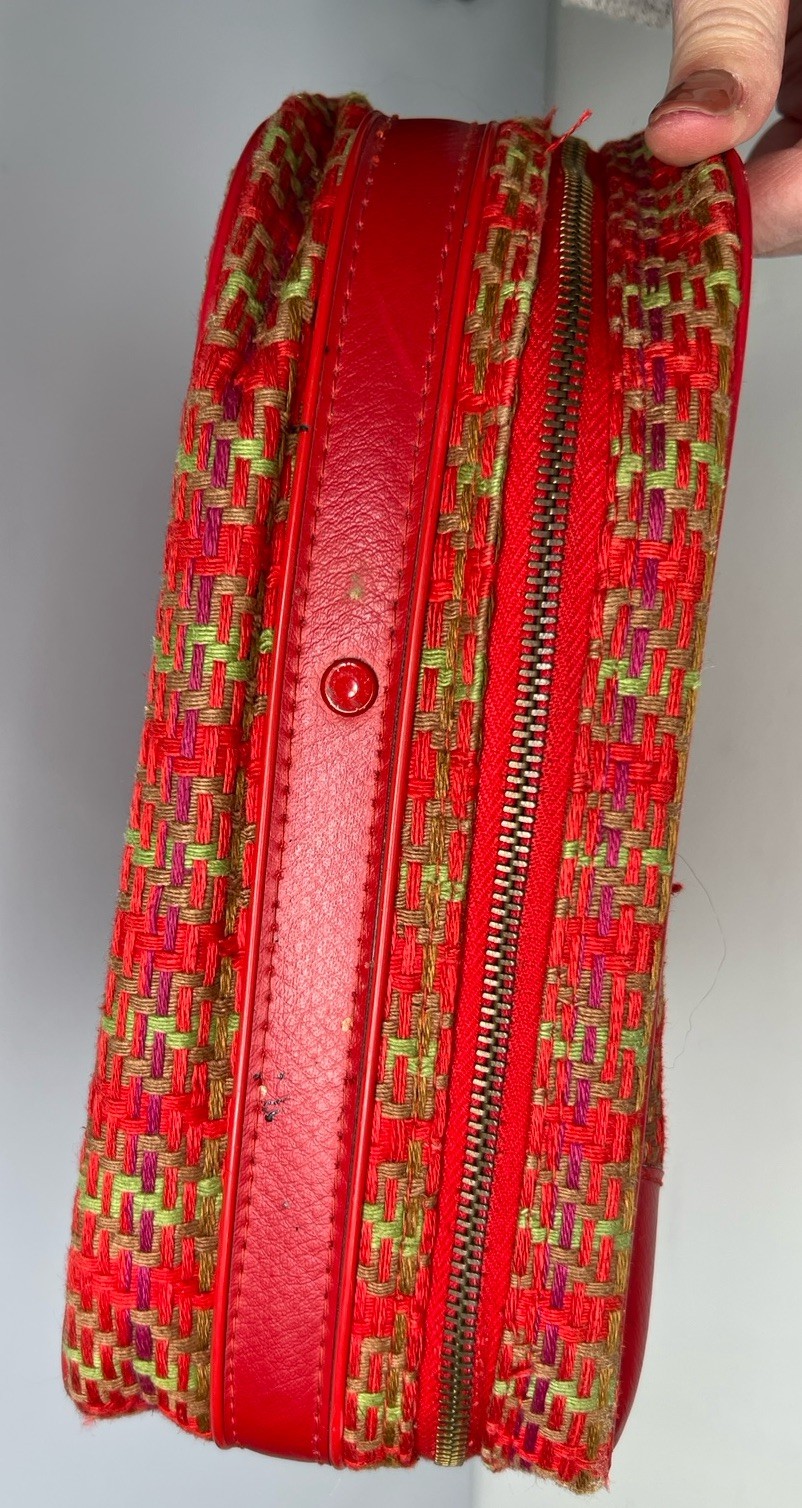 Vintage Suitcase Plaid Made in Japan Red Vinyl Pockets Zipper Retro Travel