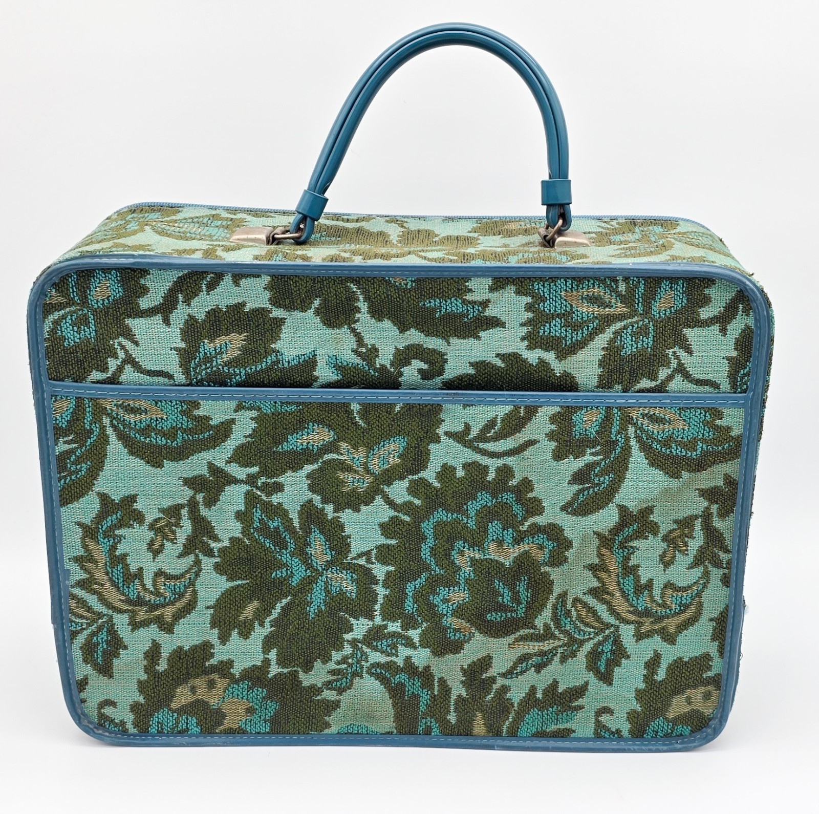 Vtg Suitcase 60’s – 70’s Mod Flower Cloth Blue Green Train Case Luggage 15”