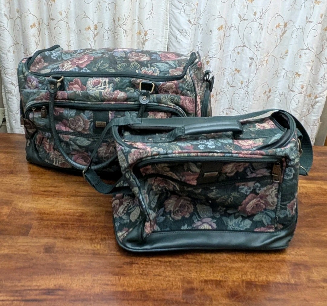 VTG 90s American Tourister 2 Luggage Set Floral Rose Tapestry Weekender Toiletry