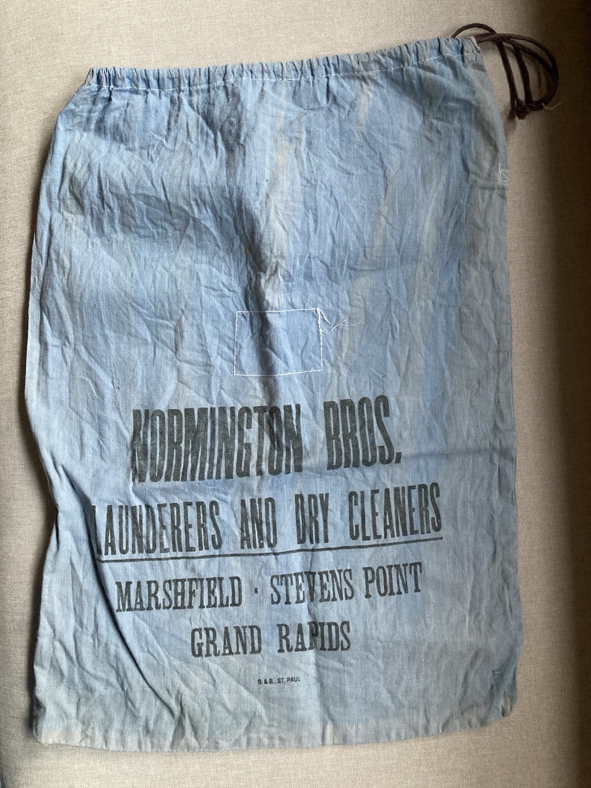 Vintage Normington Bros Grand Rapids Laundry Bag, Blue Cotton Drawstring