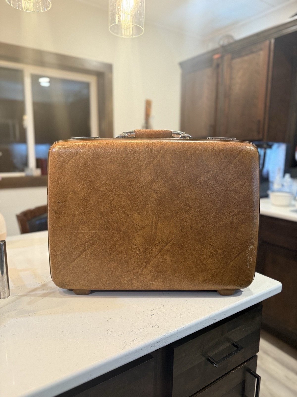 Vintage American Tourister Luggage Suitcase Mottled Brown Marble 16”x21”