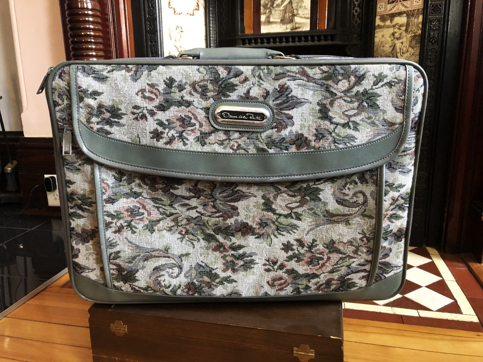VTG Oscar de La Renta Grey Floral Tapestry Suitcase