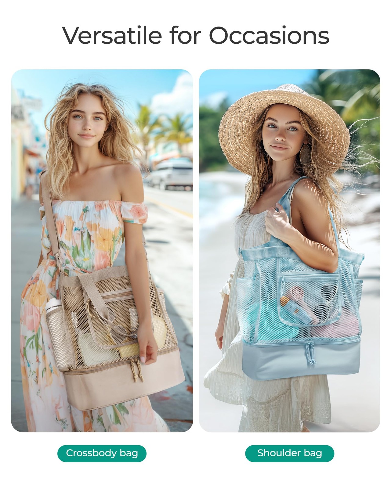 Bagsmart Beach Bag For Women Mesh Tote Bags Zipper Sandproof Vacation