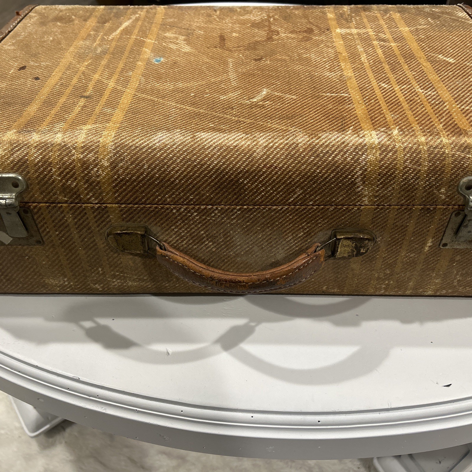 Vintage 1940’s Tweed Case Travel Trunk Suitcase Luggage Train Case Décor Striped