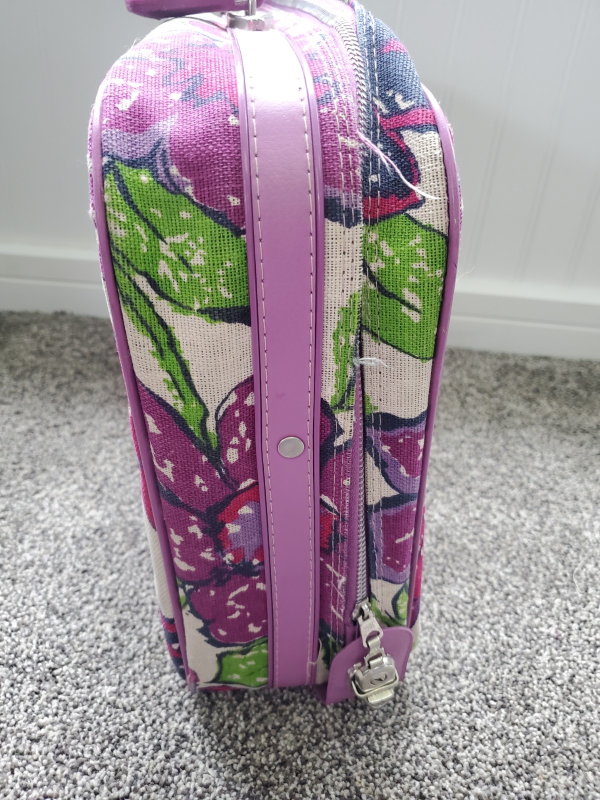 Vintage 60s 70s Flower Power Purple Overnight Suitcase Retro Mod Travel Luggage