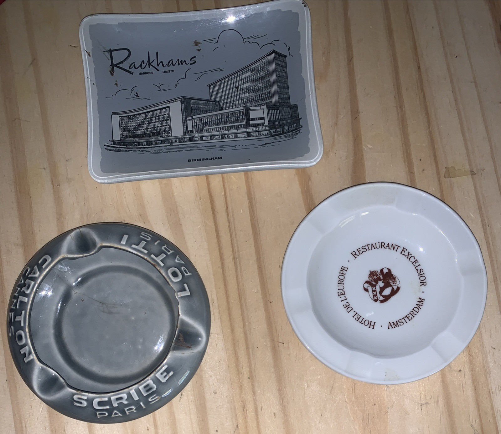 Vintage Hotel Ashtrays And Accessory Plates: Paris, Amsterdam And Birmingham