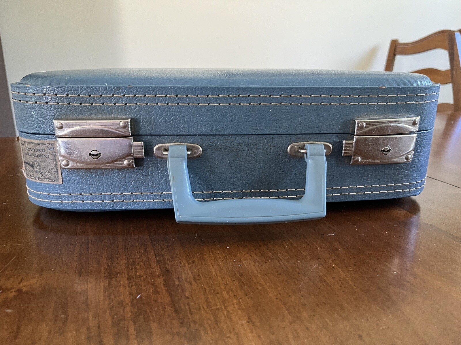 Vtg 16″ Blue Hard Suitcase Travel Carry On Make up Mirror Customs Sticker