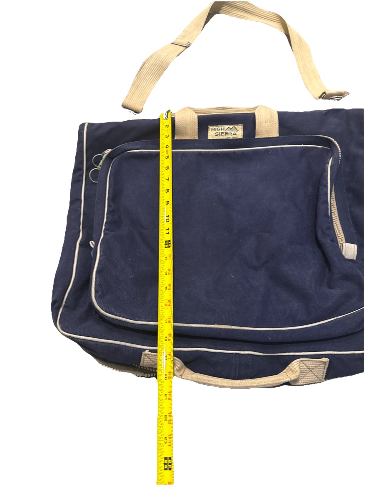 Vintage High Sierra Canvas Carry On Bag – Navy Blue w/Tan Trim Fold Over Travel