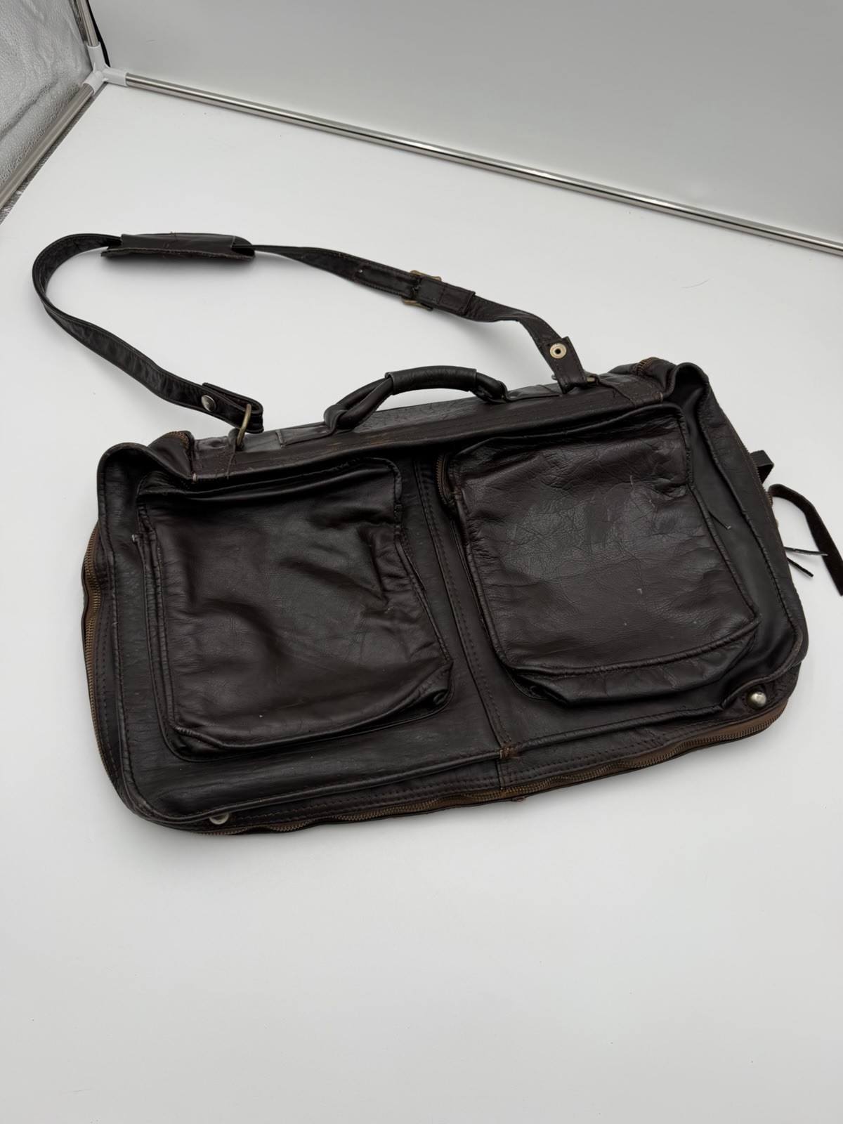 Vintage Genuine Leather Garment Bag Brown Foldable Travel Suit Carrier Colombia