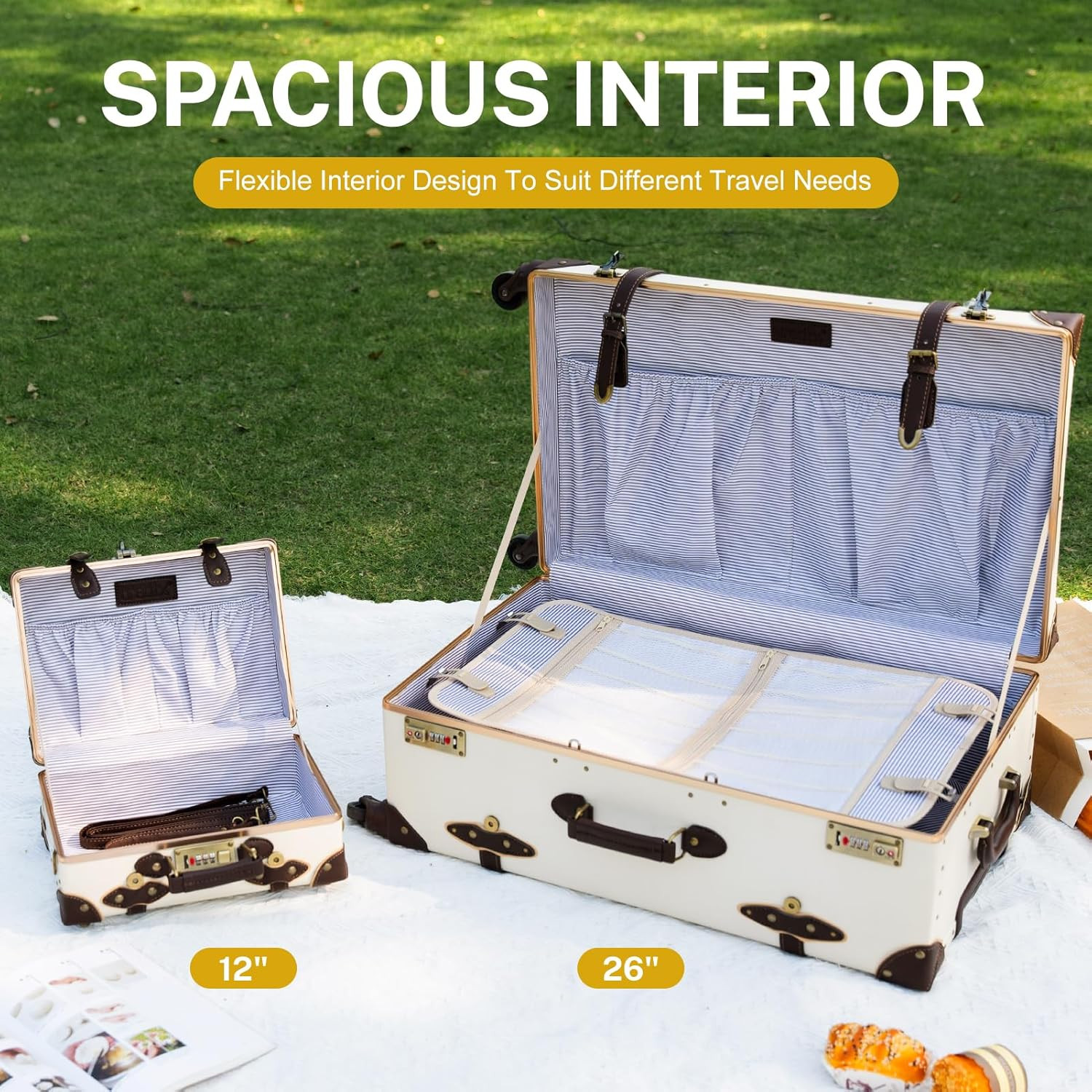 20″ Holy White Vintage Luggage Set 2 Piece, Aluminum Frame Retro Carry on Suitca