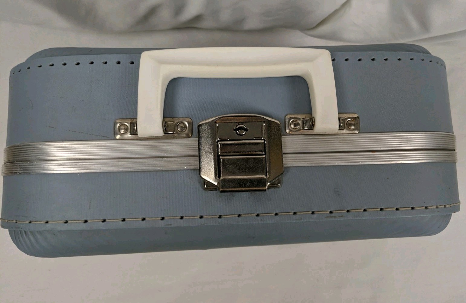 Vintage Going To Grandma’s Luggage Blue Hard Shell Child’s Suitcase Boy with Dog