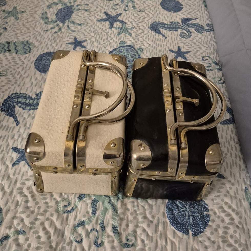 True Vintage Lot of 2 Hard Shell Designer Purses, Black & White, Compartments