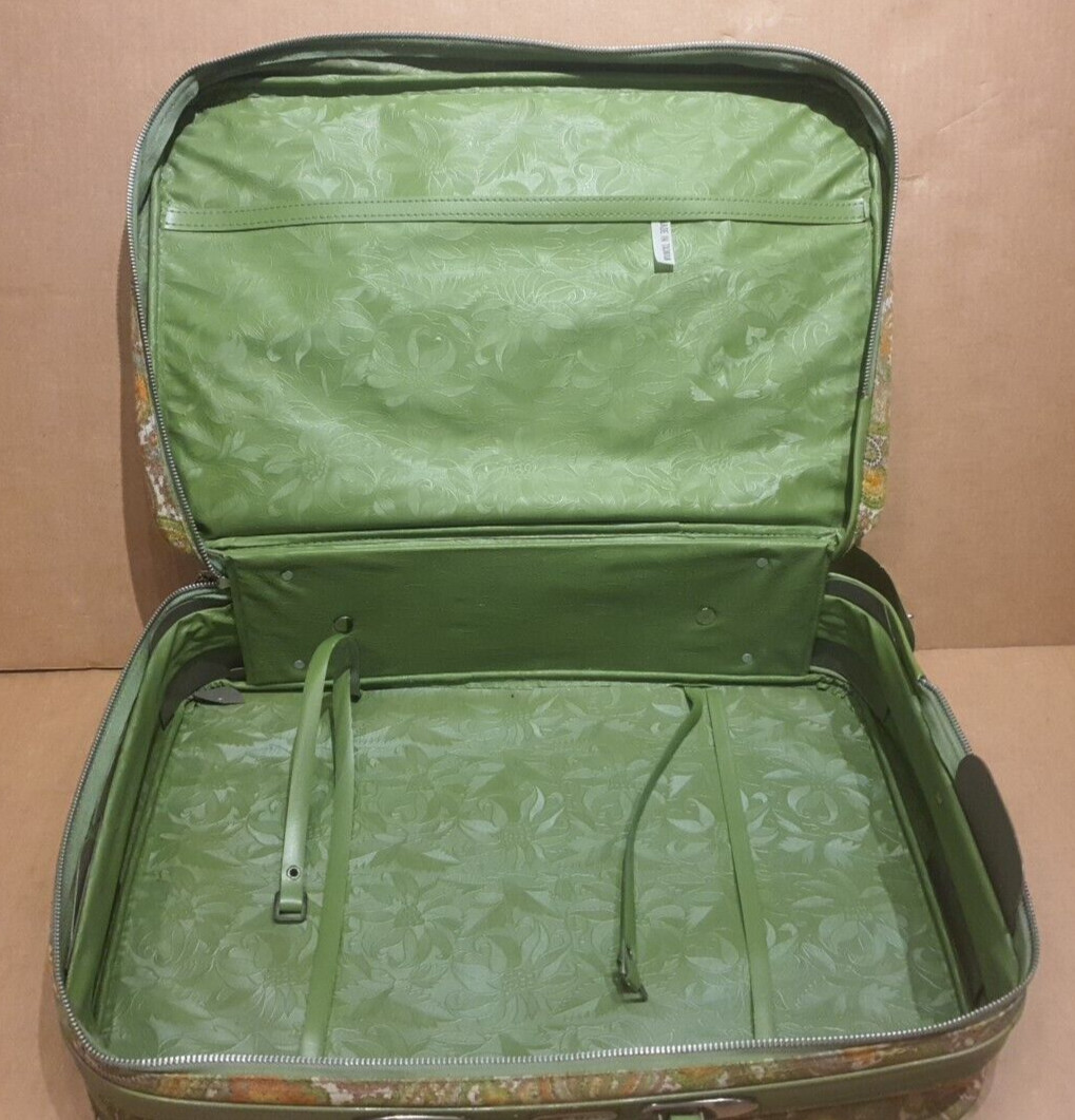 GENUINE – 1960’s K Line Suitcase Luggage Paisley Green Orange Canvas – BEAUTIFUL