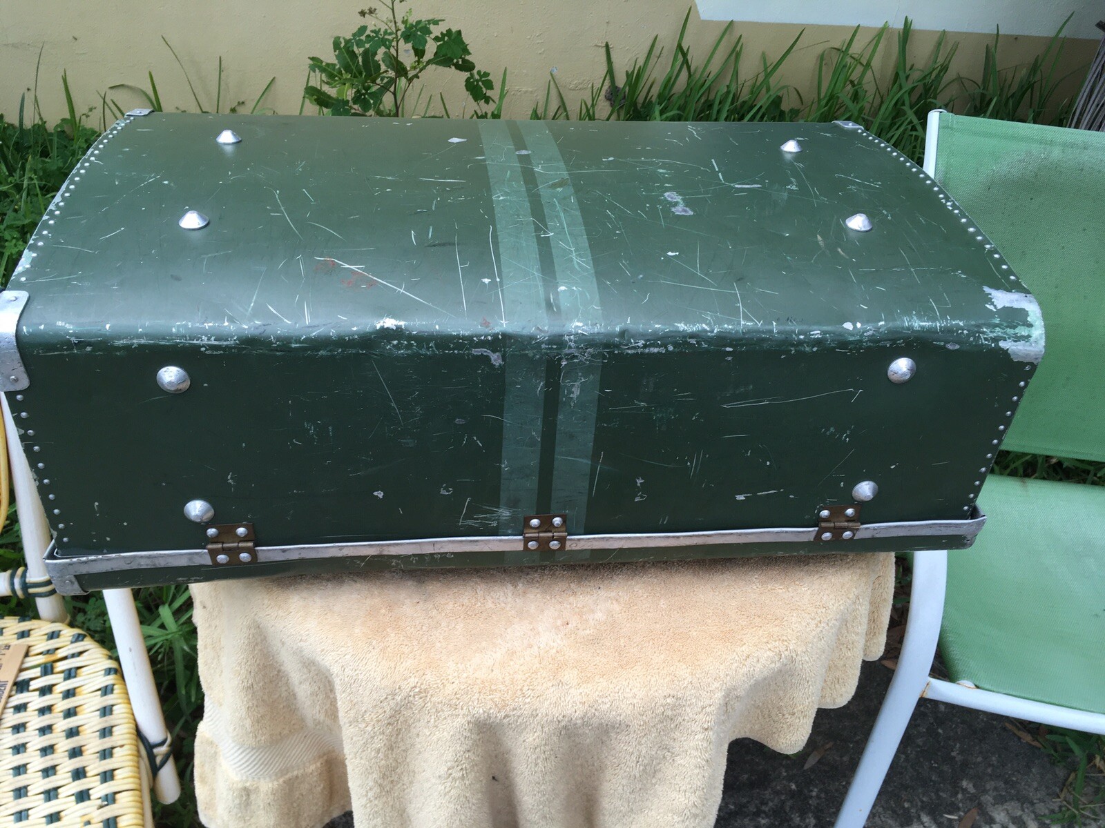 Vintage Mid 1900’s Green Line Large Aluminum Suitcase Top of the line.