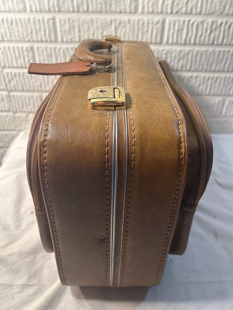 Vintage Brown Leather Suitcase with Brass Hardware