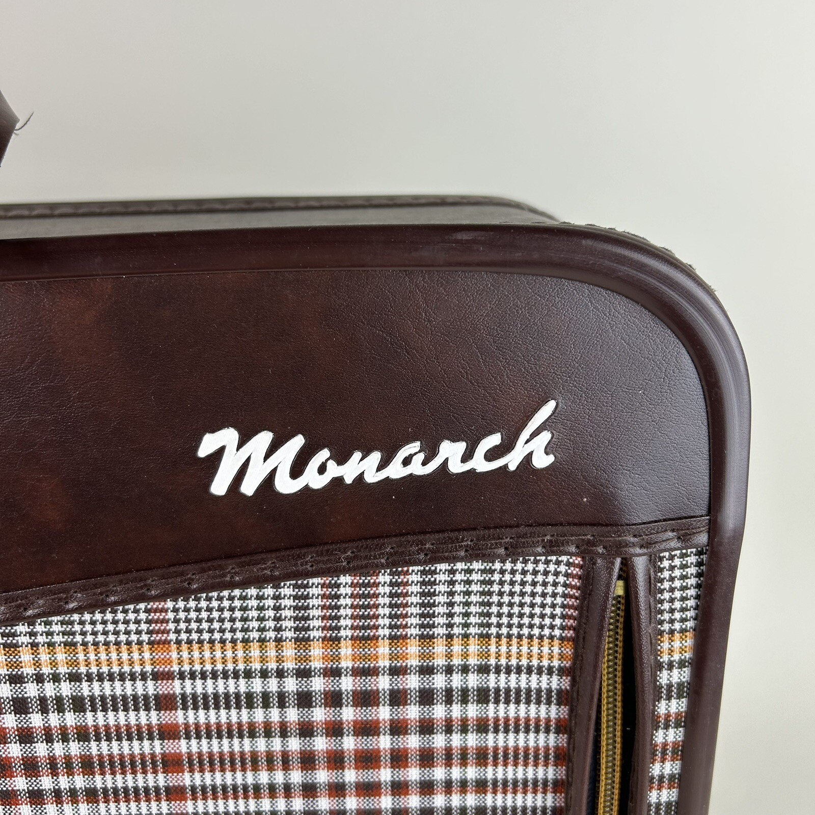 RARE Vintage Monarch Suitcase WITH KEY Faux Leather Brown Plaid Design Zipper