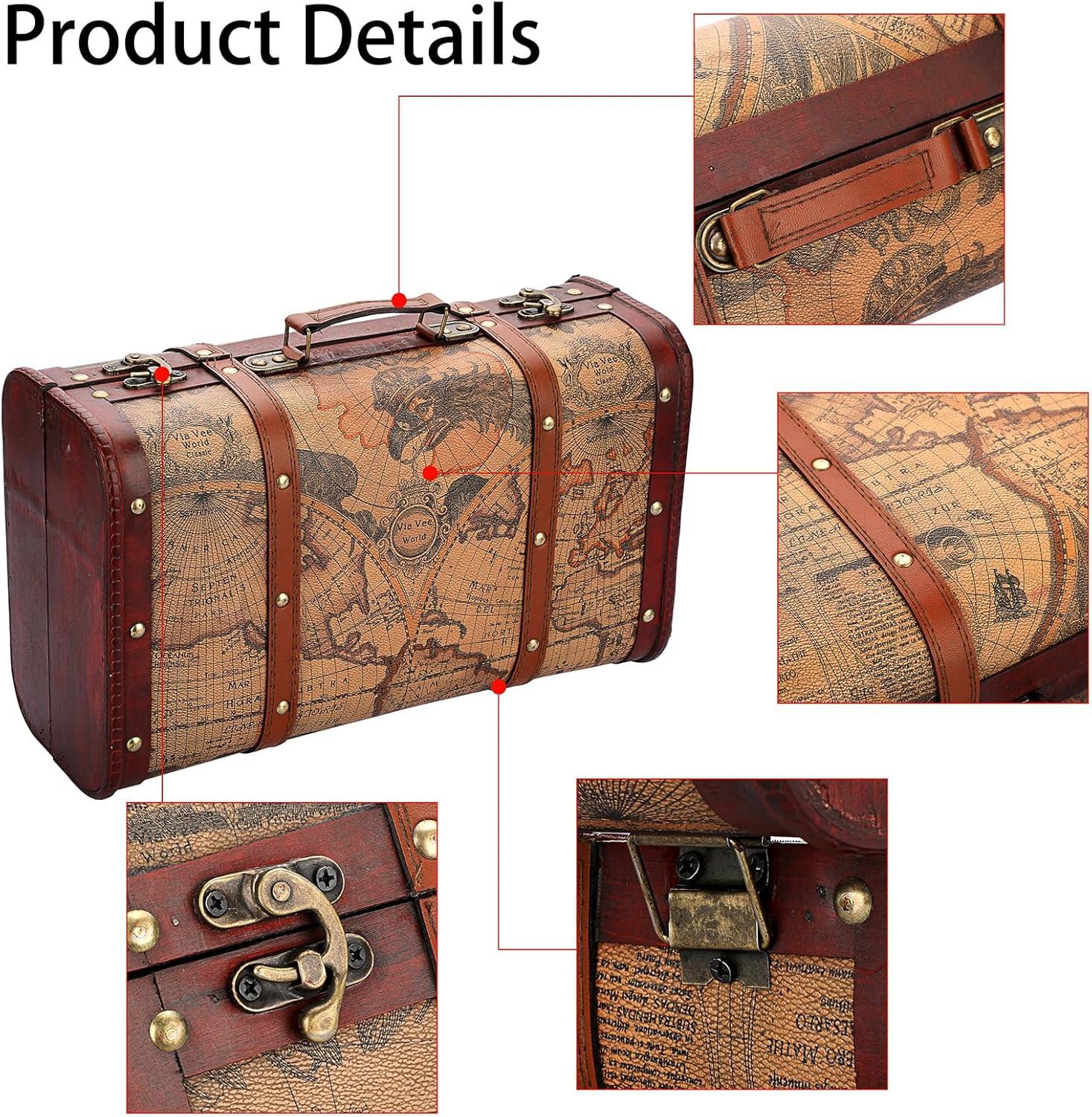 Vintage Wooden Storage Chest, Portable Decorative Luggage Suitcase, Treasure Che