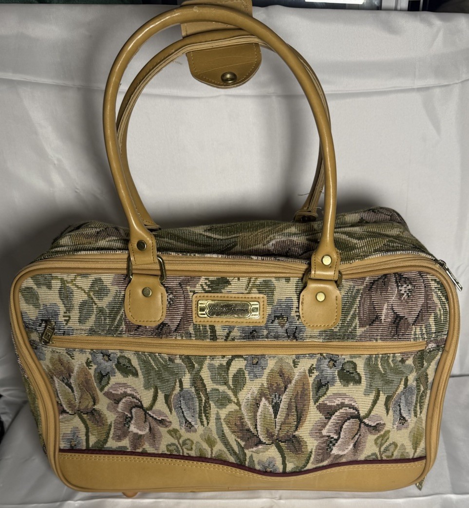 Vintage Floral Tapestry Travel Bag Canvas & Faux Leather Beige