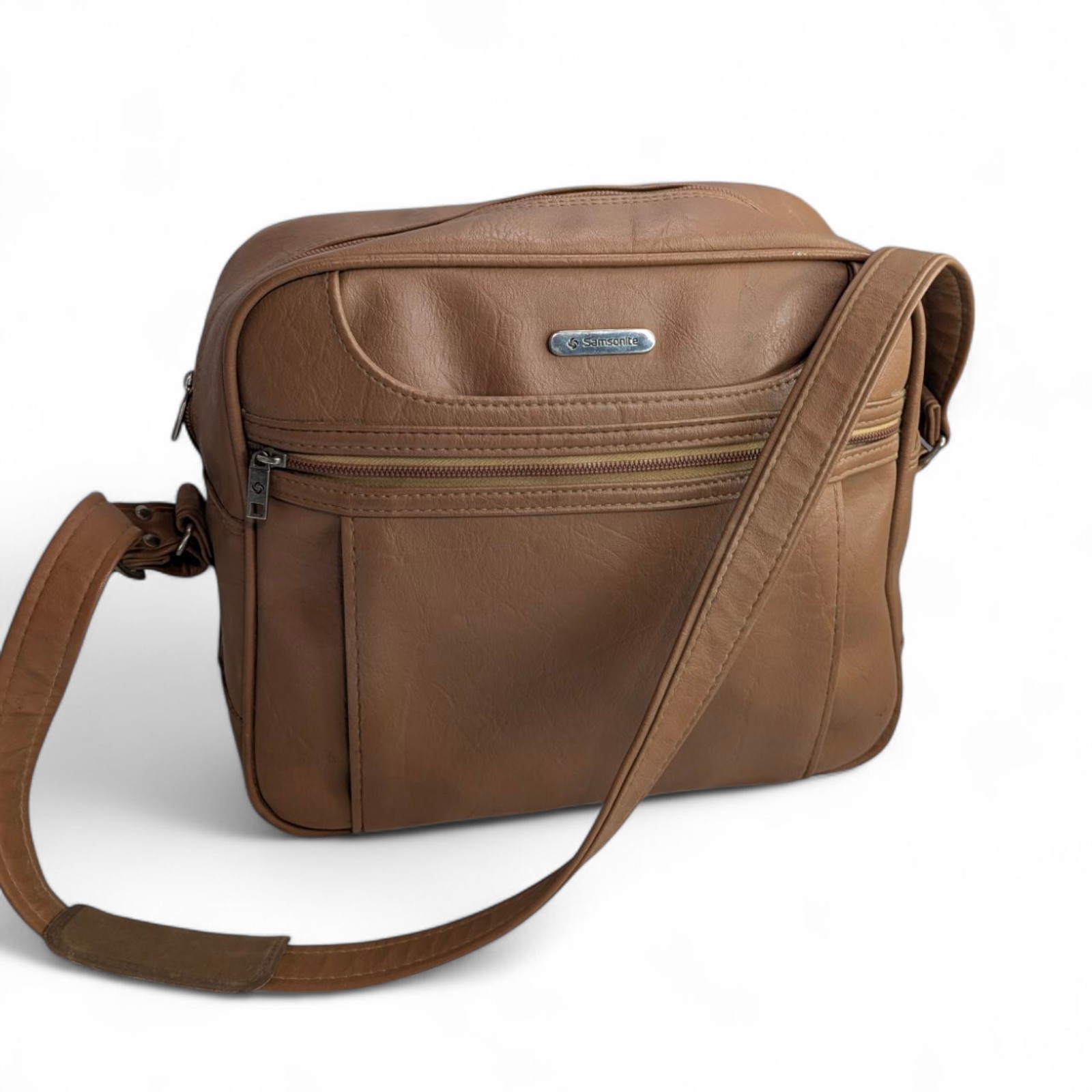 Vintage Samsonite Shoulder Bag Faux Leather Tan Travel Crossbody 11×11
