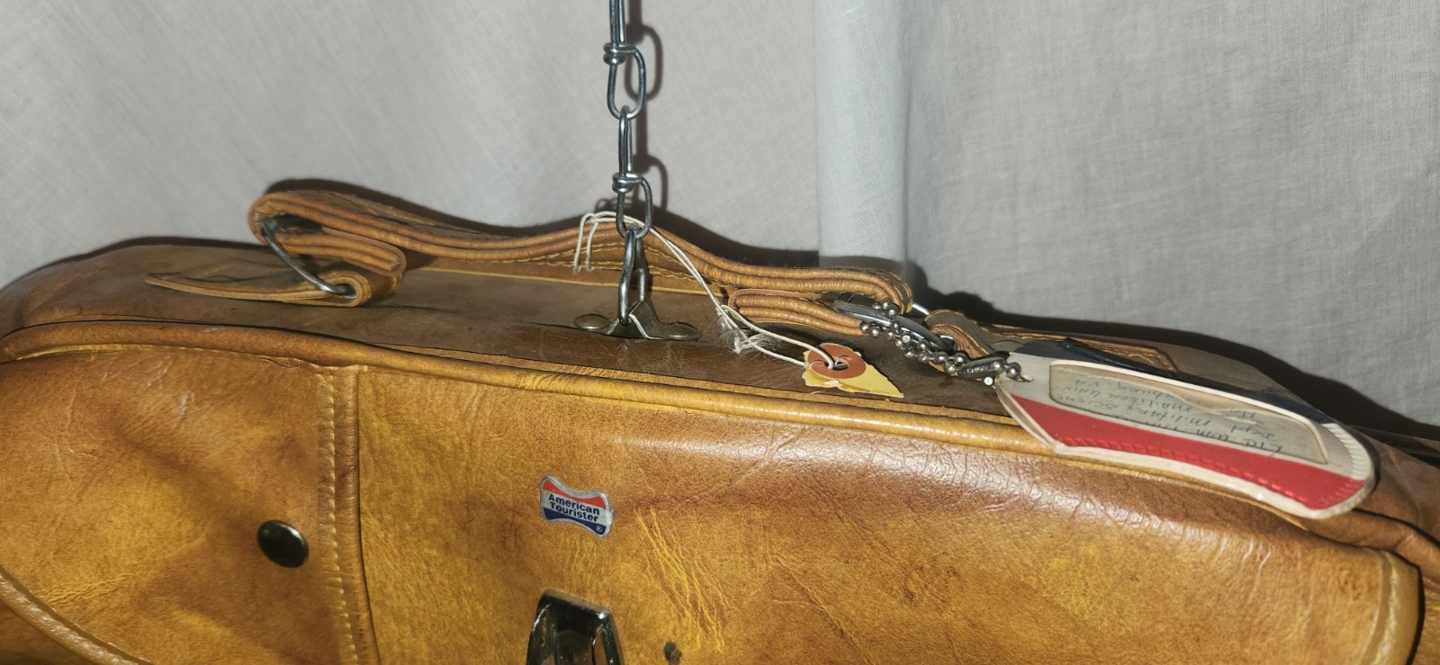 Vintage American Tourister Brown Leather Vinyl Travel Suit Folding Bag Hanging