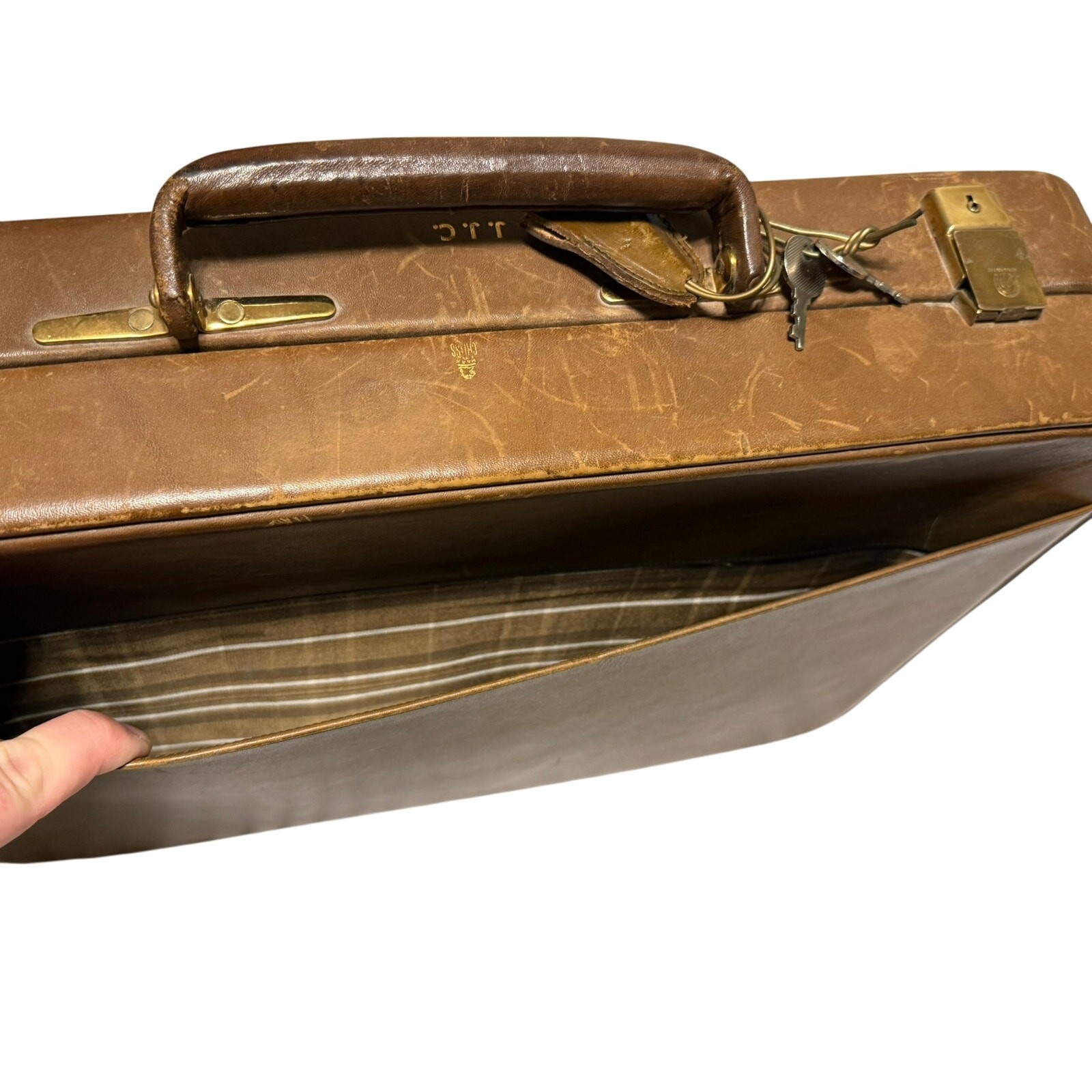 Vtg Mid Century Brown Leather Travel Luggage Briefcase w/ Keys Stamped JJC